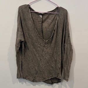 Free People We The Free Washed Olive Thermal Long Sleeve Deep V Top Raw Hem Boho